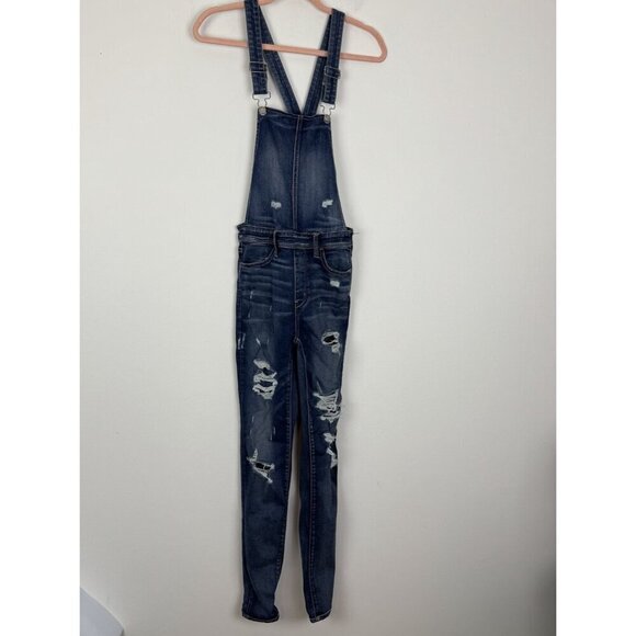 American Eagle Super Stretch X Jegging Overalls Women's Size 4 Reg Distressed - Picture 1 of 5